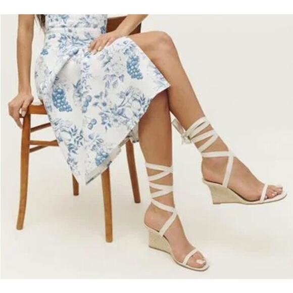 NWT Reformation Alessa Lace Up Cream Linen Wedge Espadrilles Shoes Size 9 - Picture 2 of 16